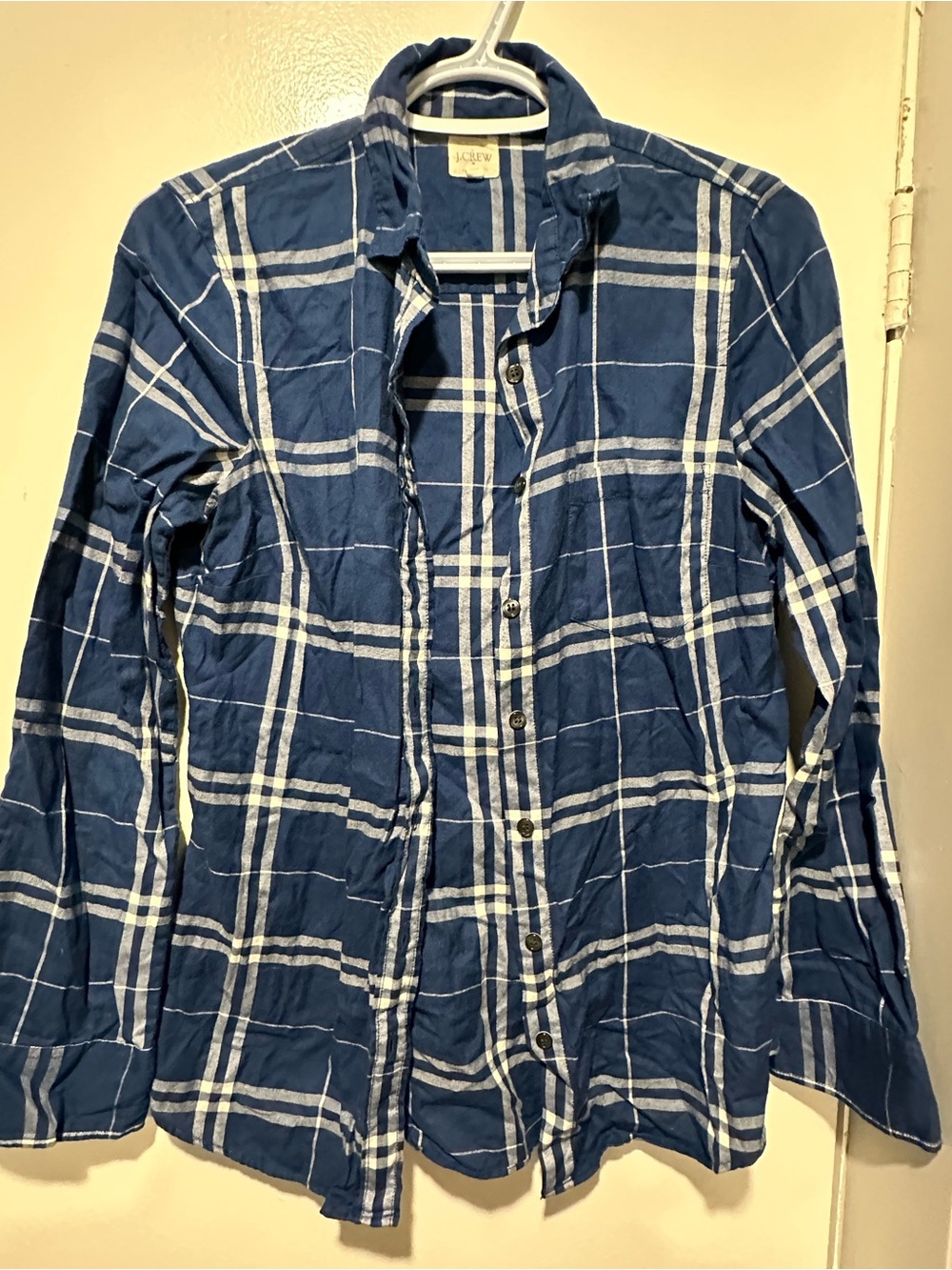 J. Crew Navy and White Plaid Long-Sleeve Button-Down Shirt women